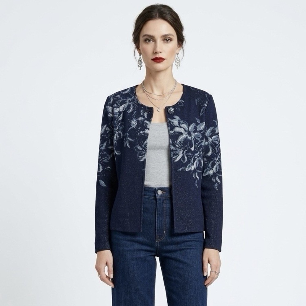 St John Cardigan S Navy Floral Glitter Wool Blend Single Button Luxury Sweater